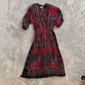 DIANE FREIS Vintage Pleares Red & Black Printed Dress